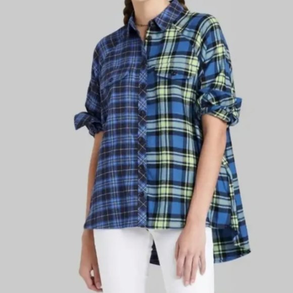 Wild Fable Spliced Blue Plaid Flannel Shirt Tunic With Pockets NWOT - Picture 1 of 5